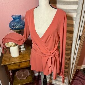 Jennifer Lopez Rust Top Mock Wrap Front Tie with Long Split Sleeves